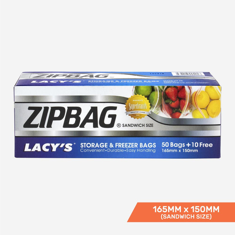 Lacy's ZipBag, Resealable Storage and Freezer Bags, Sandwich Size, 165mm x 150mm, 50+10 bags