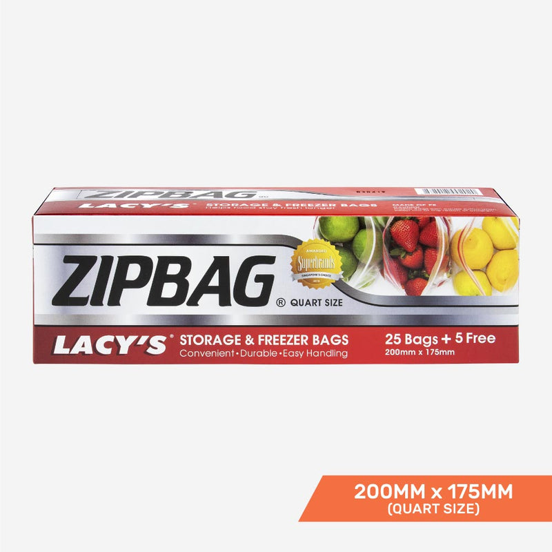 Lacy's ZipBag, Resealable Storage and Freezer Bags, Quart Size, 200mm x 175mm, 25+5 bags