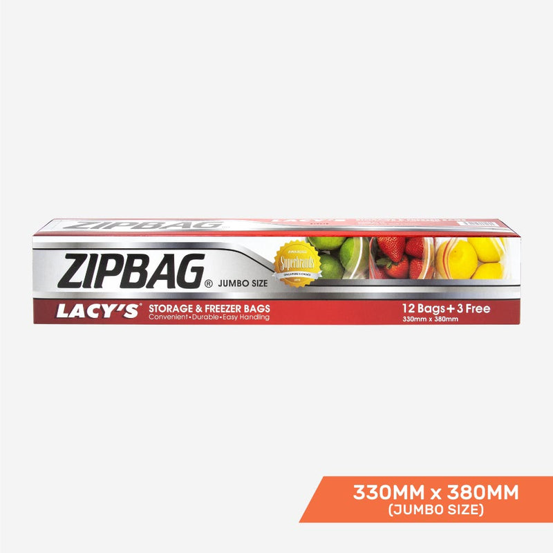 Lacy's ZipBag, Resealable Storage and Freezer Bags, Jumbo Size, 330mm x 380mm, 12+3 bags